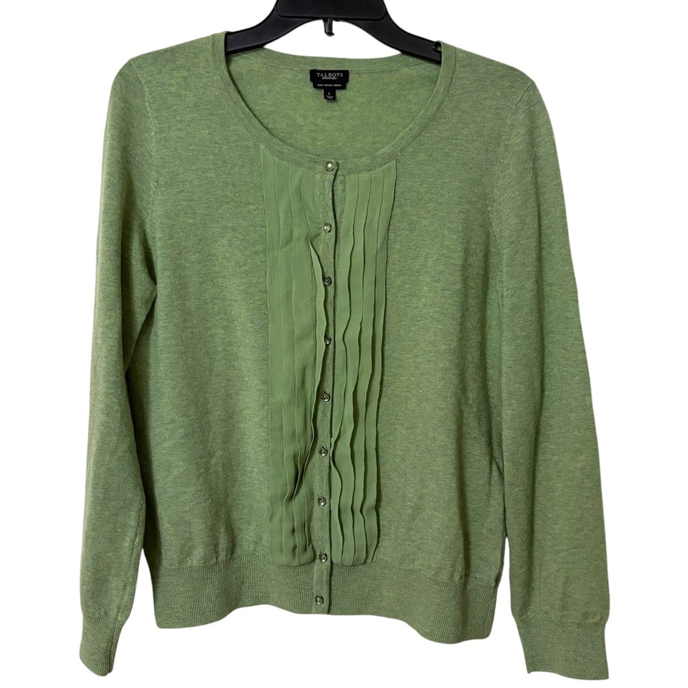 Talbots Womens L Cardigan Green Pure Italian Merino Wool Pleated Trim Coquette